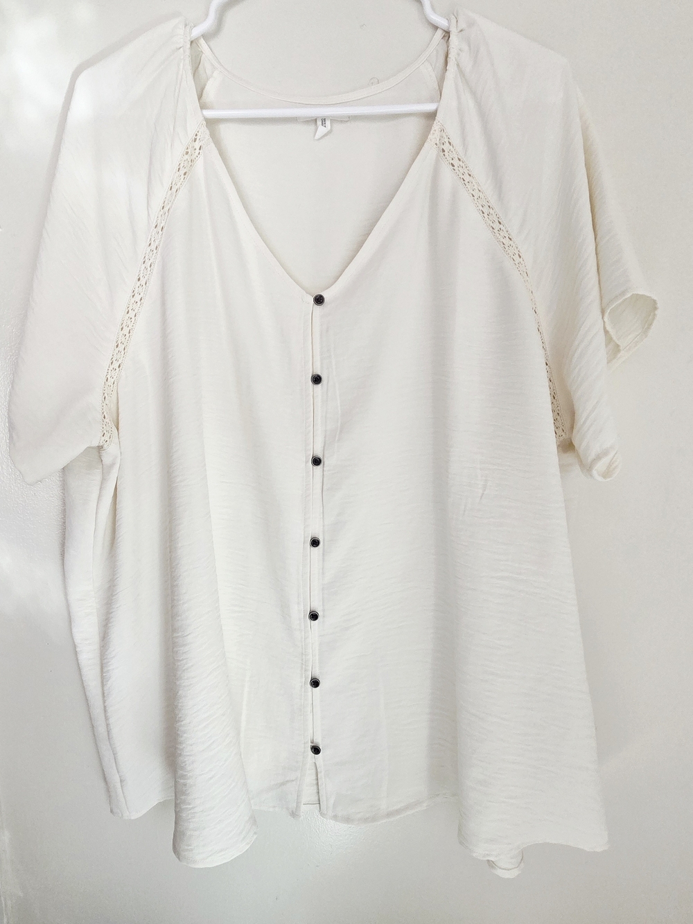 Maurices Cream Button-Front V-Neck Blouse with Lace Insets